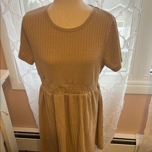 Women's Ribbed Short Sleeve Dress - Beige